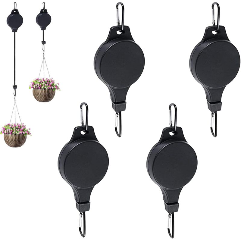 Einhängbarer Pflanzenhalter Mit Rollensystem Zum Einfachen Hoch- Und Herunterlassen Von Pflanzen, Hängenden Pflanzgefäßen Und Vogelfutterhäuschen (4er-pack, Schwarz)