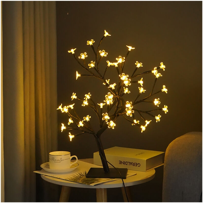 Led-bonsai-baum-lampe, Usb, Schlafzimmerdekoration, Tisch-nachtlicht, Schwarz, 48 Sakura-lichter