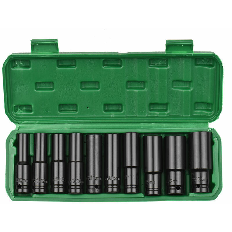 1/2-zoll-sechskant-schlagschraubenschlüssel-set Mit Getriebe, 10-teilig, Metrische Tiefstecknüsse Aus Kohlenstoffstahl Von 10 Bis 24 Mm Mit Robustem Aufbewahrungskoffer, Modell: Schwarz