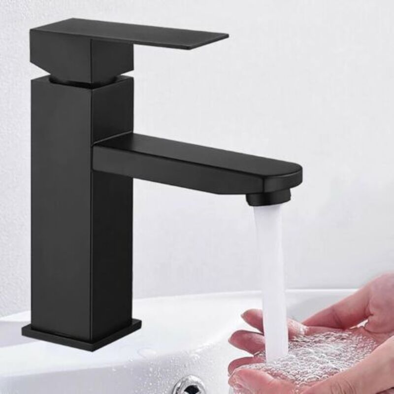 Einhebel-waschtischmischer Aus Schwarzem Edelstahl Für Warmes Und Kaltes Wasser, Inklusive 2 Schläuchen (60 Cm), Schwarzer Waschbeckenarmatur, Schwarzer Badarmatur