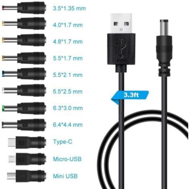 Usb-auf-dc-5v-kabel, Usb-zu-dc-stromkabel, 11-in-1 Dc-netzteiladapter 5,5 X 2,1 Mm Dc-hohlstecker Für Laptop, Router Usw. (1 M, Schwarz)
