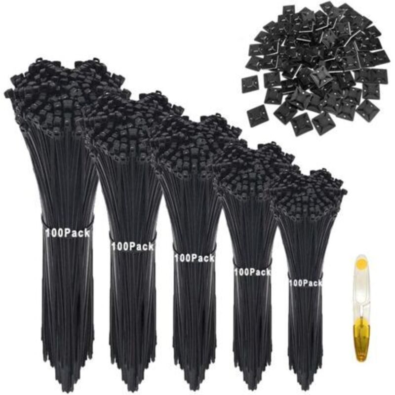 500 Stück Kabelbinder 100/150/200/250/300 Mm, Nylon-kabelbinder, Für Innen- Und Außenkabel, Werkzeuge, Gartenarbeit + 50 Stk. Klebebasen, Schwarz
