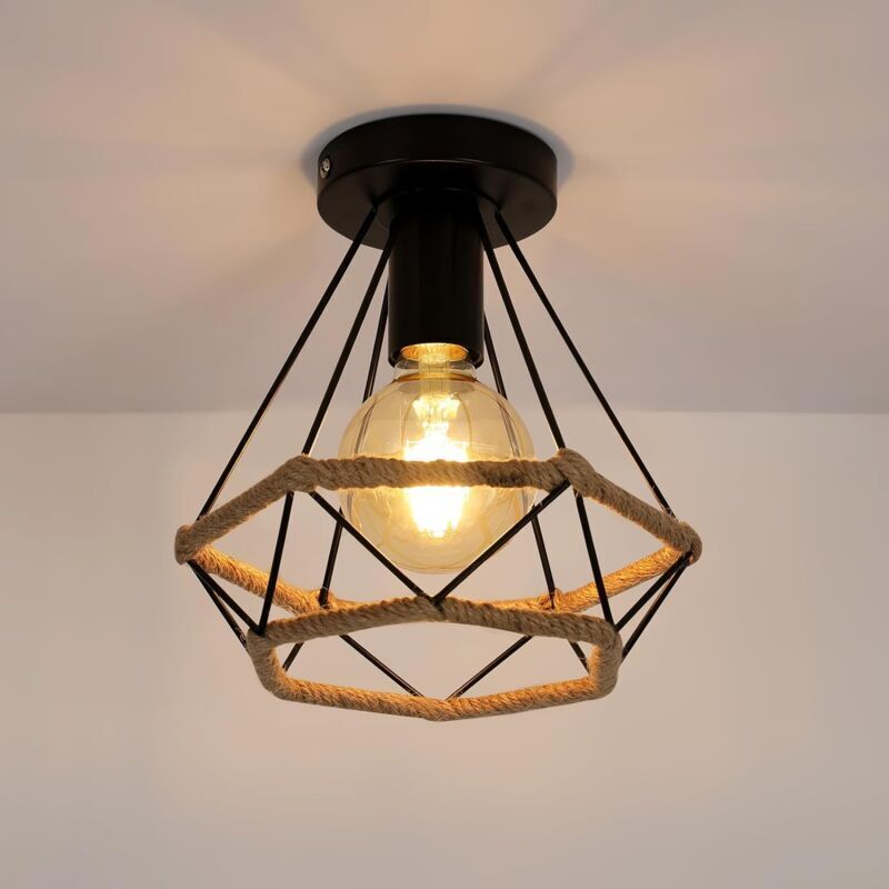Industrielle Deckenleuchte Aus Schwarzem Metall Und Hanfseil – Lampenschirm 25 Cm X 25 Cm – E27-fassung Für Led-glühbirnen – Für Wohnzimmer Und Küchen – Leuchtmittel Nicht Enthalten