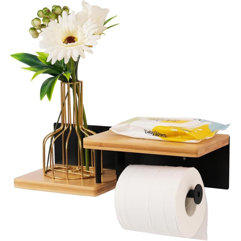 Wandmontierter Bambus-toilettenpapierhalter [ohne Bohren] Hochwertiger Toilettenpapierabroller Mit Ablageflächen, Schwarz