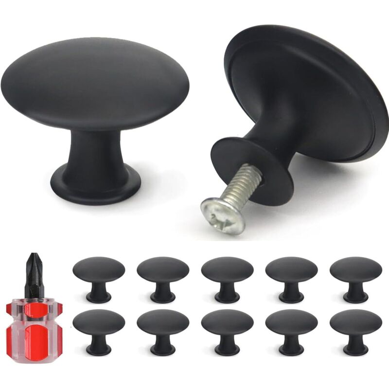 Set Aus 12 Möbelknöpfen - 30 Mm - Modern Und Vintage - Mit Schrauben - Für Schubladen, Schränke, Möbel, Küchenschränke - Schwarz