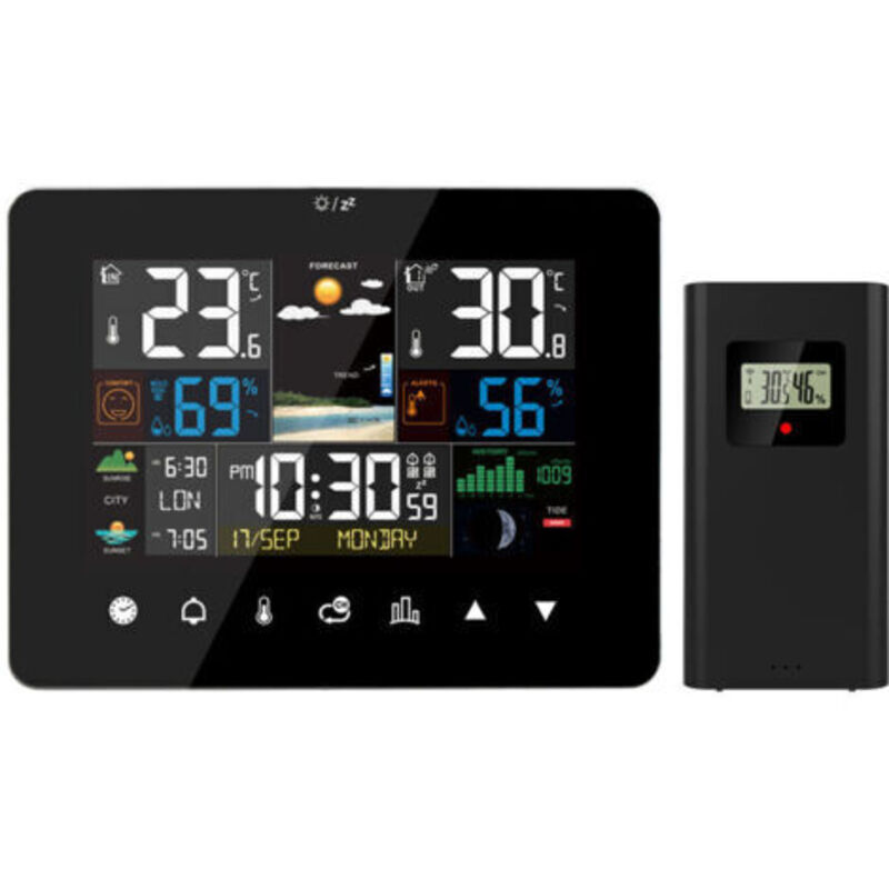 Wetterstation Mit Sonnenauf- Und -untergangsanzeige, Multifunktionale Weckerfunktion, Thermometer Und Hygrometer, Touchscreen-bedienung, Mit Externem Kabellosen Sensor, Schwarz