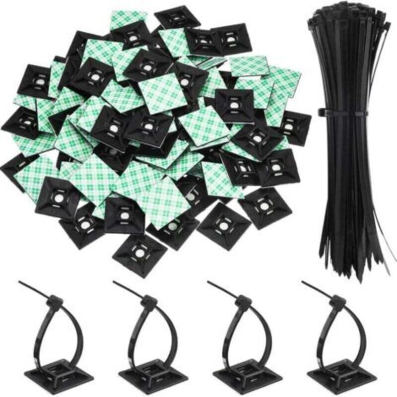 100er-pack Selbstklebende Kabelbinder-halterungen, Universelle Kabelbinder-basis Mit Klettverschluss, Schwarz (länge 150 Mm, Breite 2 Cm)