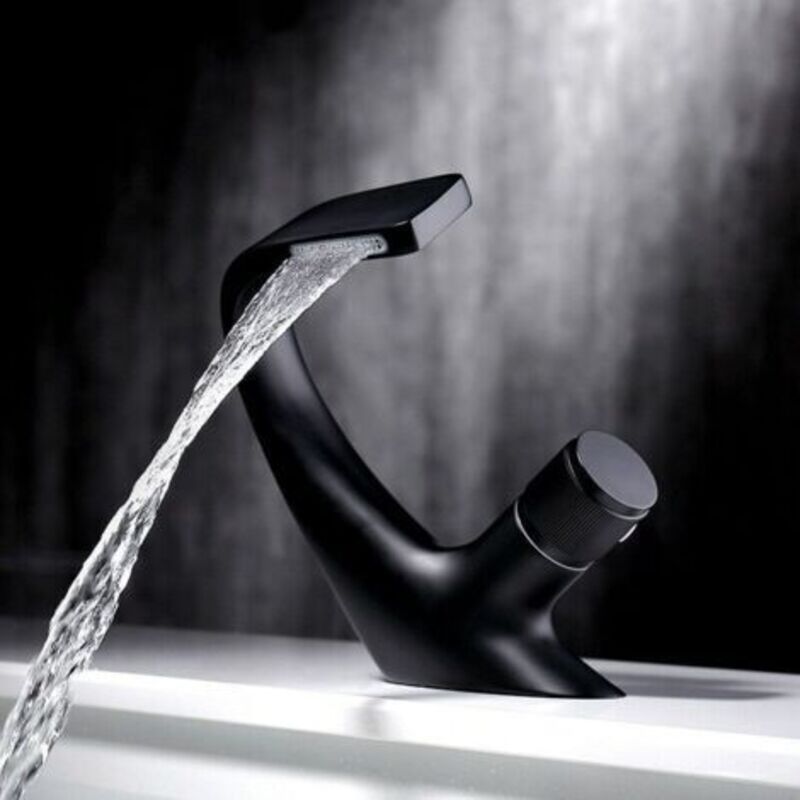 Einloch-waschbeckenarmatur Mit Wasserfallauslauf, Luxus-design Waschtischmischer Aus Messing Für Badezimmer Und Badewanne (schwarz, 18-13 Cm)
