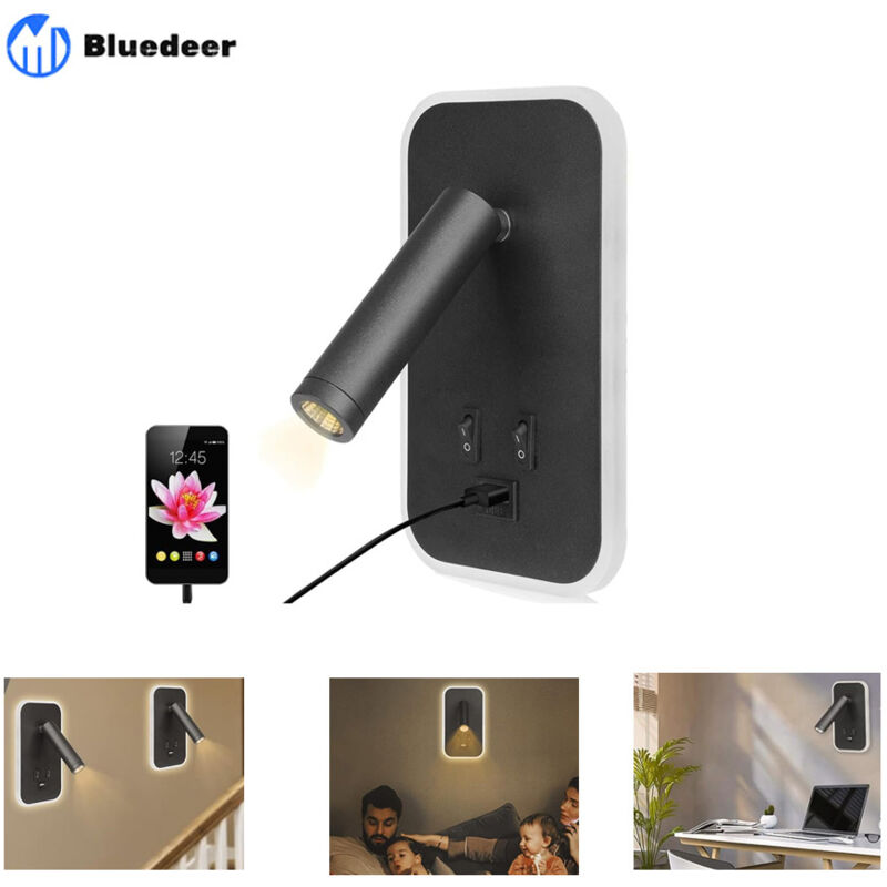 Led-wandleuchte, Nachttischleselampe Mit Schalter, Usb-ladeanschluss, Einstellbare Ambientebeleuchtung Für Schlafzimmer (natürliches Licht 3 W + Warmes Licht 9 W) Schwarz