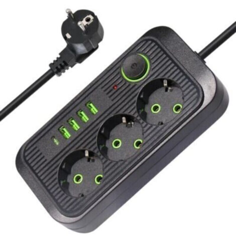 Multiprises 3 Steckdosen, Mehrfachsteckdose Mit Schalter, 4 Usb-a- Und 1 Usb-c-anschluss, Überspannungsschutz-steckdosenleiste, 2 M Kabel, 10 A 2500 W, Für Zuhause Und Büro (schwarz)