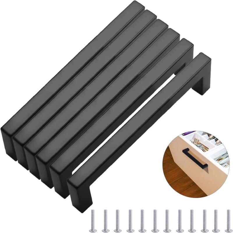 6er-set Schwarze Küchenmöbelgriffe 224 Mm – Edelstahl – Quadratische Griffe Für Büros, Schubladen, Schränke
