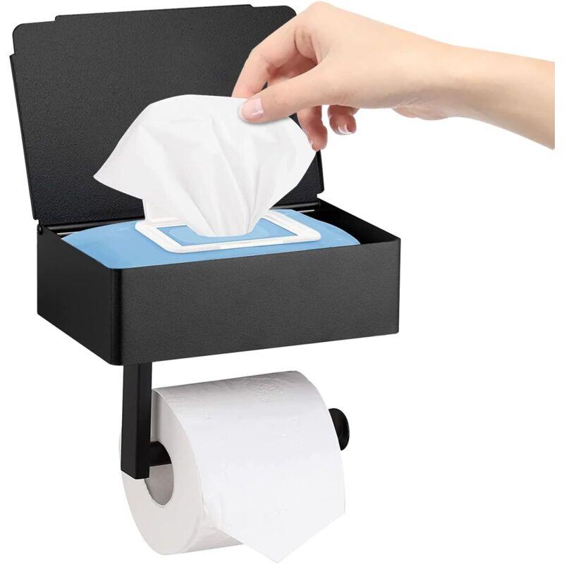 Toilettenpapierhalter Mit Box Für Feuchttücher, Matte Schwarze Wandhalterung Aus Edelstahl Für Küchen- Und Badezimmer-toilettenpapierrollen, Zum Kleben Oder Bohren (noi
