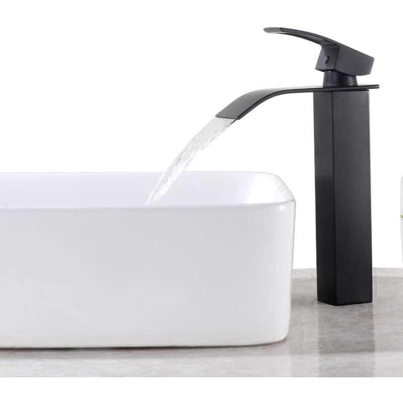 Schwarzer Wasserfall-badezimmerhahn Mit Einhebelbedienung, Quadratischer Messing-waschtischmischer, Hoher Aufsatzmischer Für Warmes Und Kaltes Wasser