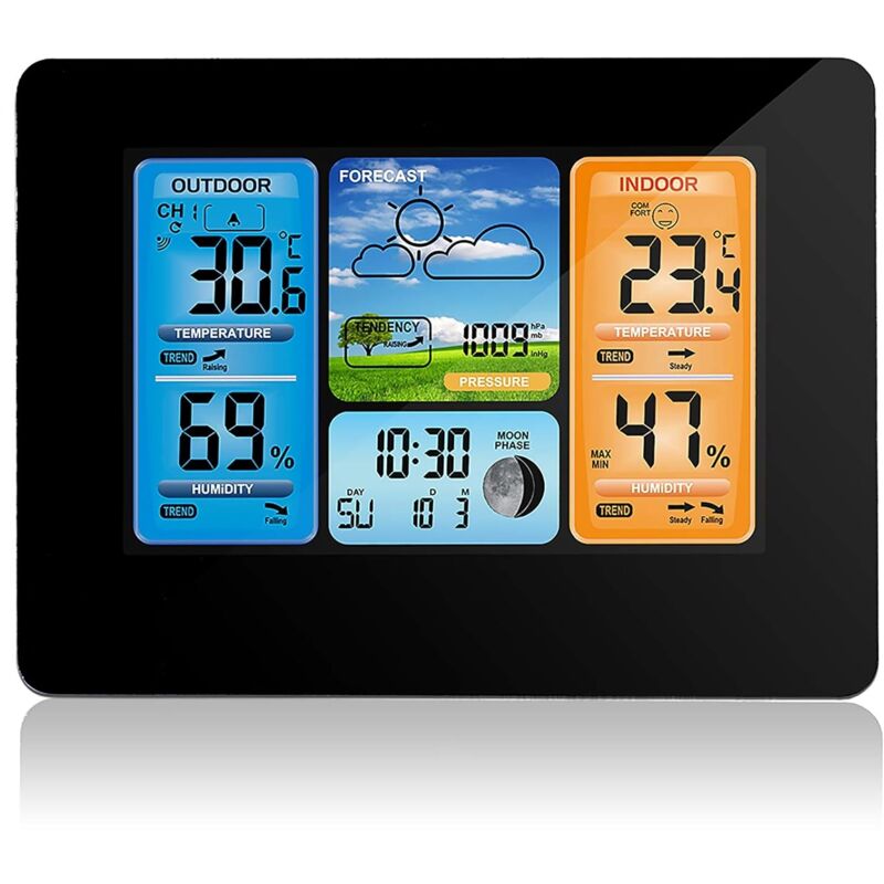 Digitale Wettervorhersage-station Mit Farbdisplay, Wetteruhr Mit Außensensor, Alarmfunktion, Temperatur- Und Feuchtigkeitsmessung (schwarz)
