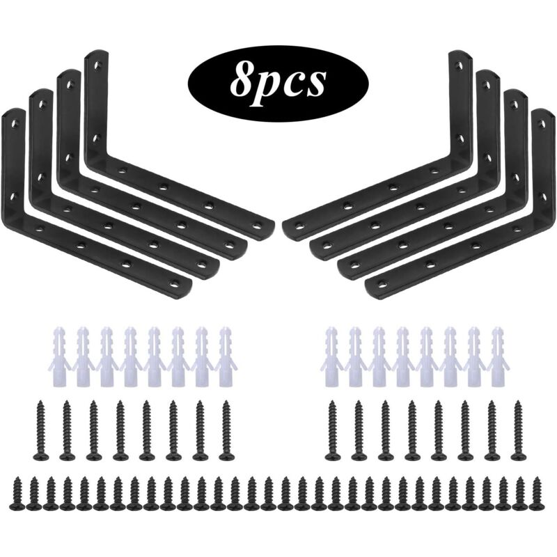 Befestigungswinkel, 8 Stück Schwarze L-winkel Aus Edelstahl, Regalhalterung 125 Mm X 75 Mm X 20 Mm / Eckwinkel Mit 48 Schrauben Und 16 Dübeln