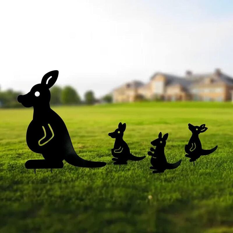 Gartendekoration Aus Metall, Känguru-statuen Für Den Außenbereich, Rasen-, Weg- Und Gehwegdekoration – Europäischer Retro-stil (4er Set) (schwarz, Känguru)