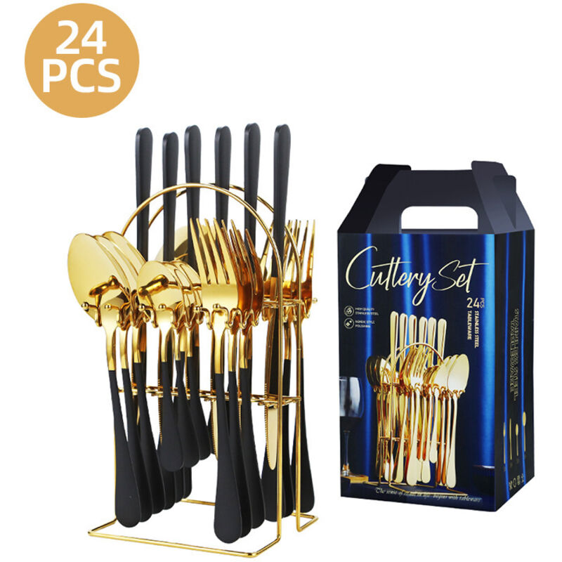 24-teiliges Besteckset Aus Edelstahl Mit Halter, Spiegelglanz, Für 6 Personen, Spülmaschinengeeignet, Schwarz Und Gold