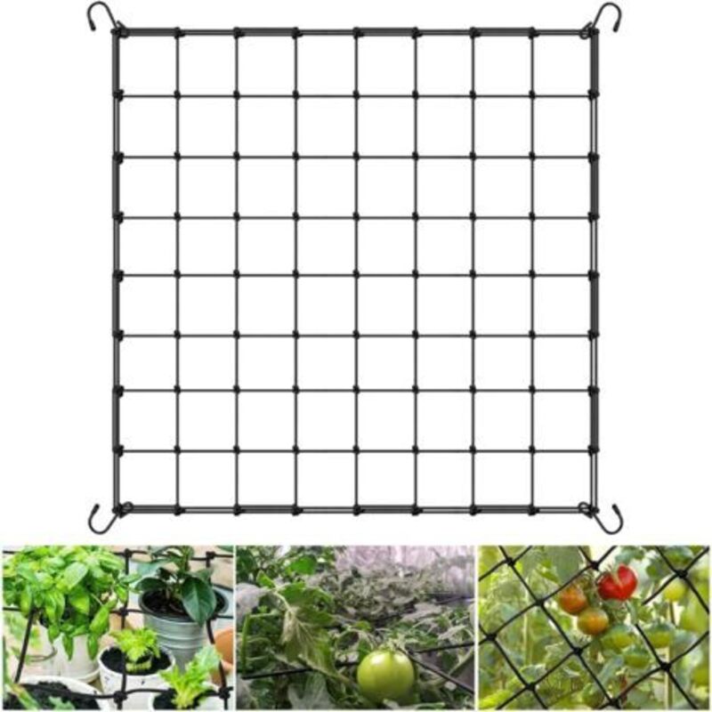 Kulturgitter Für Kletterpflanzen 80 X 80 Cm – Elastisches Schwarzes Gartengitter Mit 4 Haken, Elastisches Kulturgitter