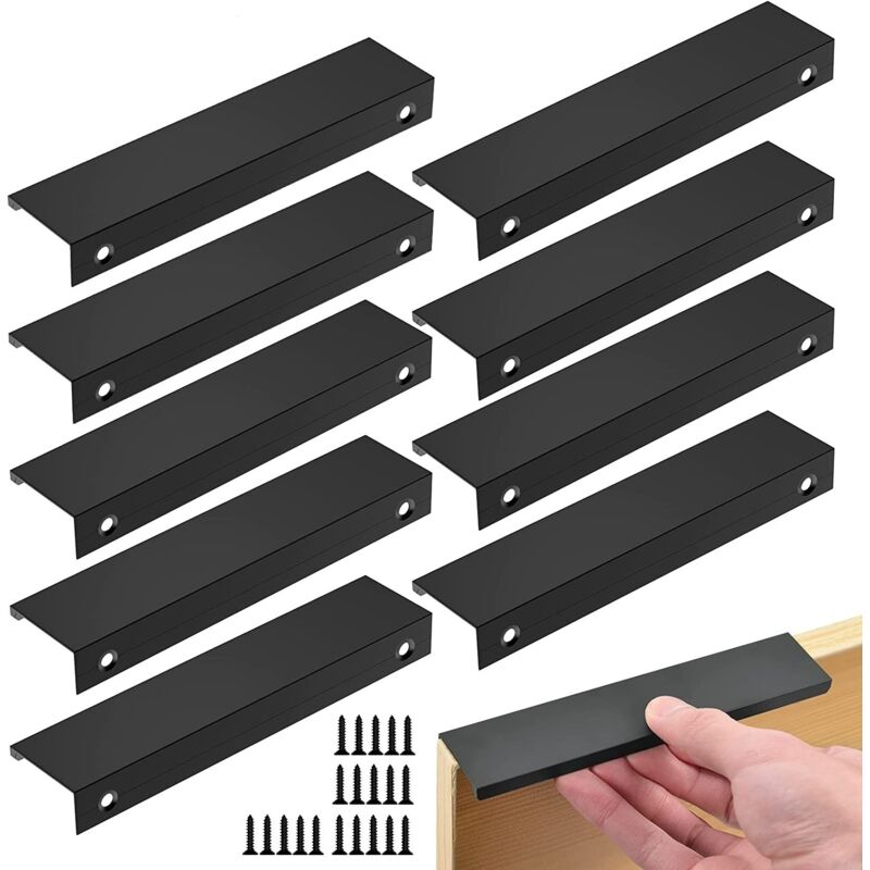 Set Aus 10 Schwarzen Griffen, Möbelgriffe Schwarz - Unsichtbare Griffe, Schwarze Möbelgriffe Für Küchenmöbel, Matt-schwarze Aluminiumlegierungs-griffe, Lochabstand 96 Mm, 10 Griffe + 20 Schrauben