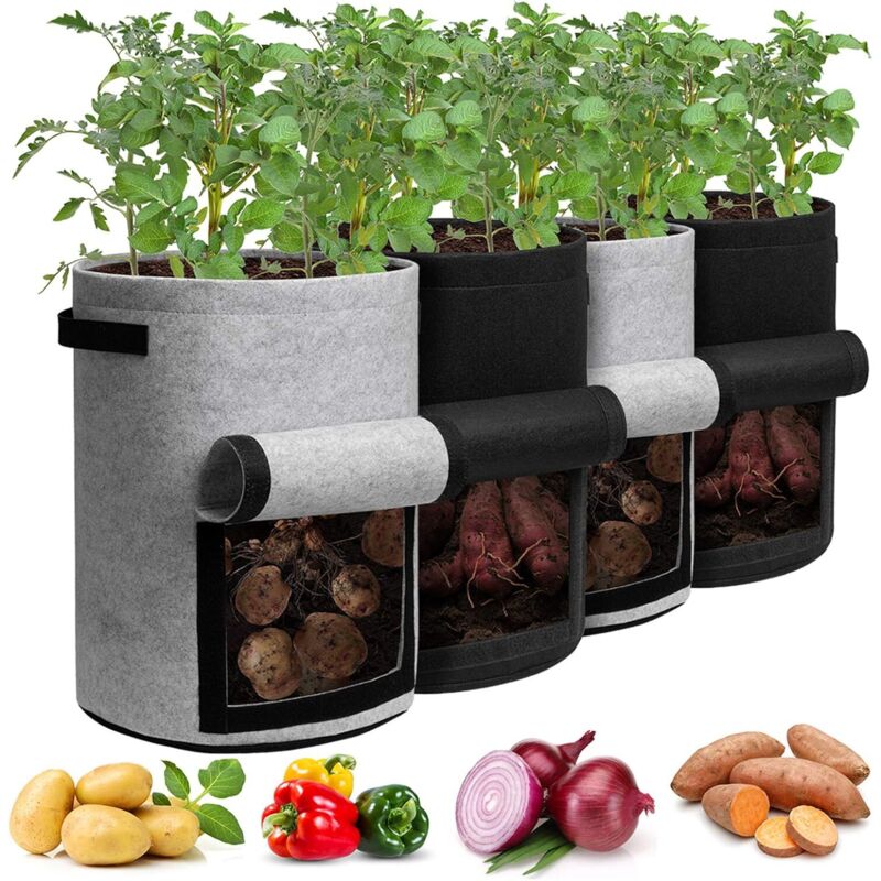 10-gallonen-pflanzsäcke Für Kartoffeln Mit Klappen, 4er-pack, Mit Griffen Und Erntefenstern, Geeignet Zum Anpflanzen Von Kartoffeln, Tomaten Und Gemüse, In Schwarz Und Grau.