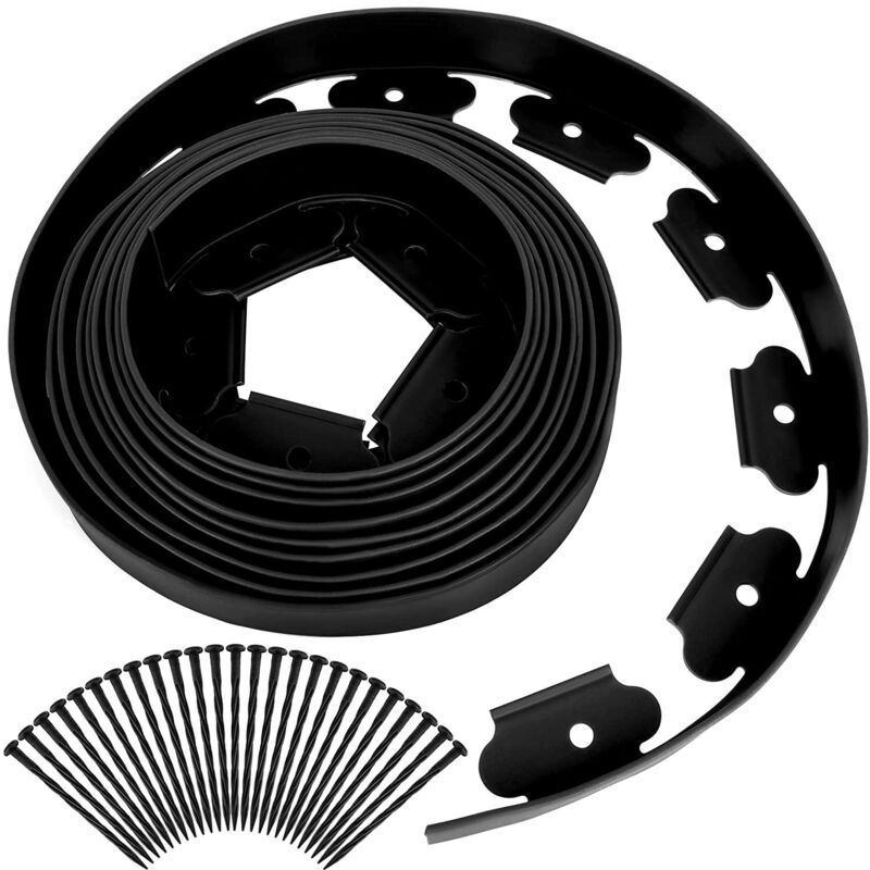 Gartenrand Aus Kunststoff, 10 Meter Mit 30 Erdnägeln, Flexibler Rasenrand Mit Stabilen Nägeln, Ideal Für Den Garten, Höhe 50 Mm, Stärke 4 Mm, Schwarz