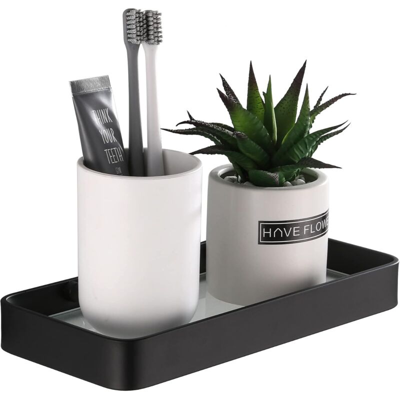 Duschregal Ohne Bohren, Wandorganizer Für Badezimmer Mit Ablagefach, Rostfrei, Schadensresistent, Aus Gehärtetem Glas Und Aluminium, Platz Für Küchenaccessoires, 25 Cm, Schwarz