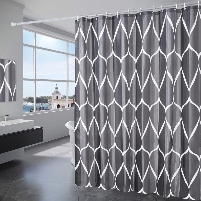 Rideau Da Doccia 180x200cm Polyester Wasserdicht Waschmaschinenfest Stoff Duschvorhang Mit 12 Schwarzen Haken