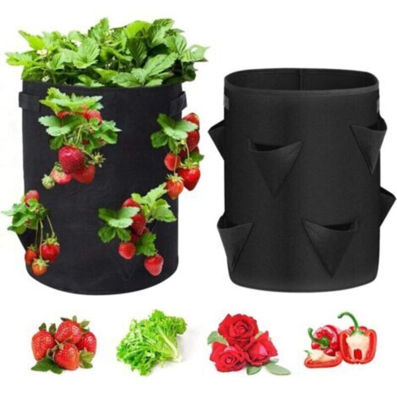 2er-set Anbausäcke Für Erdbeeren, 37,5 Liter, Mit 8 Seitlichen Taschen Aus Atmungsaktivem Vliesstoff, Verstärkten Griffen, Für Erdbeeren, Blumen Und Kräuter (schwarz), 35x45 Cm