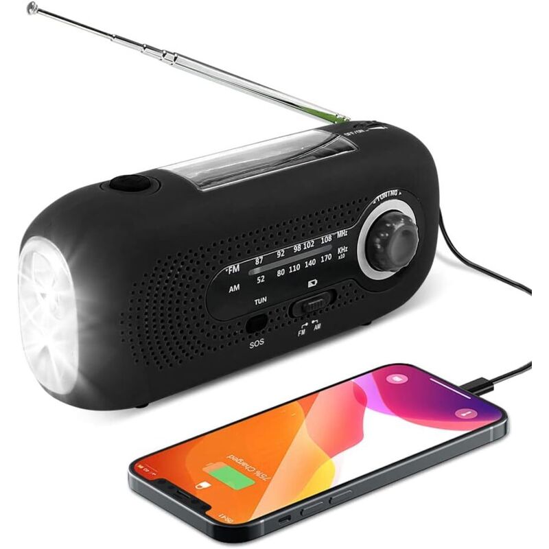 Solarradio, Mit Notfall-kurbel, Selbstversorgendes Am/fm-radio, Solar-wetterradio Mit 5-led-taschenlampe, 2000 Mah Notfall-powerbank Für Smartphones, Zuhause Und Camping (schwarz)