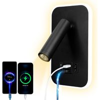 Led-leselampe, Wandmontierte Usb-typ-c-lampe Mit Doppeltem Schalter, Ladbarer Mundöffnung, Einstellbarer 12w Led-spot, 3000k, Aus Aluminium, Schwenkbare Bettlampe (rechteckig, Schwarz) [energieeffizie