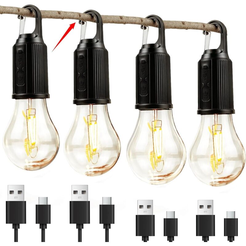 4er-set Wiederaufladbare Campinglampen, Zeltleuchten Mit Haken, Timer-funktion, Ideal Für Wandern, Camping Und Notfälle (schwarz)