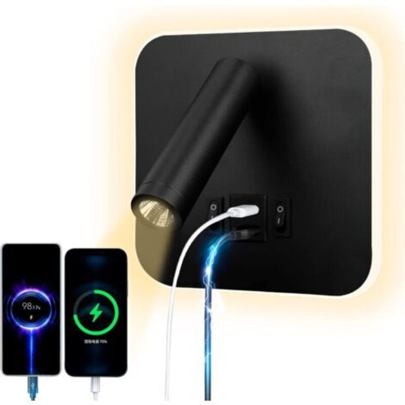 Led-leselampe Wandlampe Usb Typ-c Doppelschalter Mundladung Einstellbar 12w Led-projektor 3000k Wandleselampe Bettlampe Aus Aluminium Drehbar (rund Schwarz)