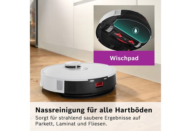 BOSCH Saugroboter Spotless + BCRD1W, Saugroboter mit Wischfunktion, 11.000 Pa Saugkraft, 60 W, beutellos, Trocken-Servicestation, Infrarot Navigation, Carbon Bürste