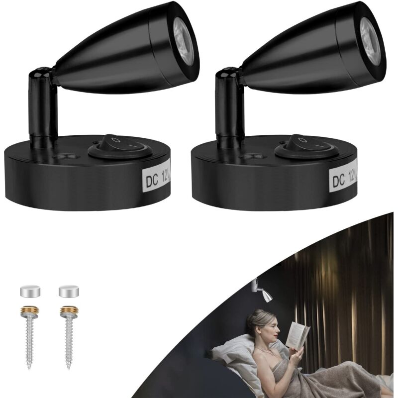 2x 3w 12v Lampe Für Wohnmobile, Led-leselampe Für Boot, Wohnwagen Und Auto, Mit Eigenem Schalter, Warmweißes Licht, 3000k, 220lm, 60–96mm, Schwarz