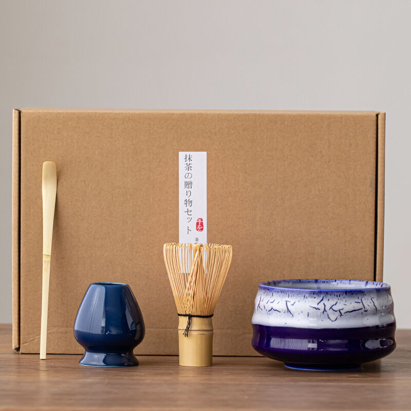 Keramik-matcha-set, Japanisches Kit Mit Traditioneller Schale, Bambusbesen, Löffel Und Ständer, Modell Dunkelblau.