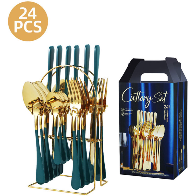 24-teiliges Edelstahl-besteckset Mit Halter, Spiegelglanz-finish, Für 6 Personen, Spülmaschinengeeignet, Goldgrün