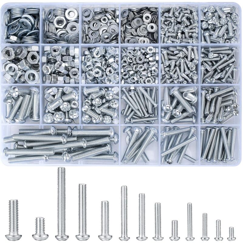 1080 Stück Rundkopf-schrauben, Muttern Und Unterlegscheiben Sortiment-kit, M3 M4 M5 M6 Kreuzschlitz-blechschrauben Mit Sechskantmuttern Und -bolzen Sets - 900 G/16 Größen (silberfarben 1080)