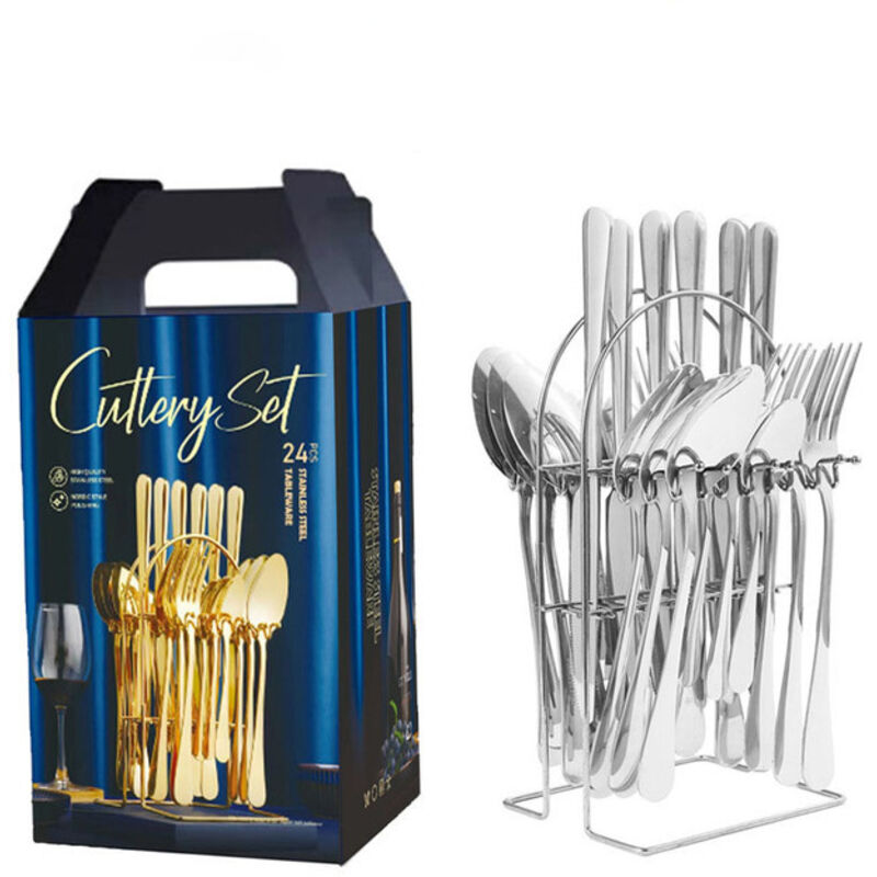 24-teiliges Besteckset Aus Edelstahl Mit Ständer, Polierte Spiegeloptik, Für 6 Personen, Spülmaschinengeeignet, Silber