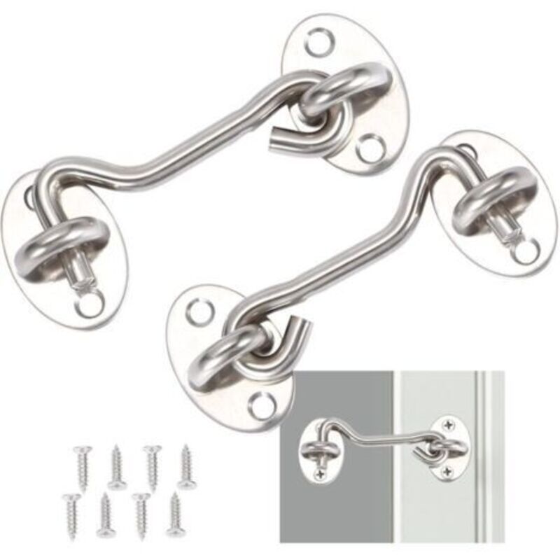 2 Stück, Türhaken-verschluss, Edelstahltür-hakenschloss In Silber, Mit Montageschrauben, Für Fenster, Scheunentür, Schuppentür, Garagentor (7,5 Cm)