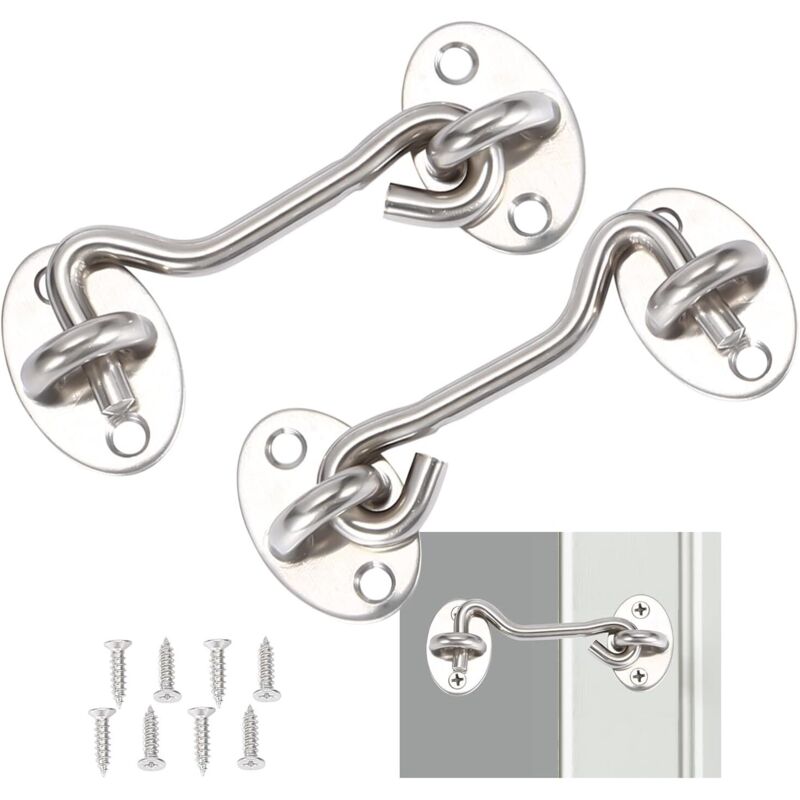 2 Stück, Türhakenverschluss, Türhakensicherung Aus Edelstahl, Silber, Mit Montageschrauben, Für Fenster, Scheunentür, Lagertür, Garagentor (7,5 Cm)