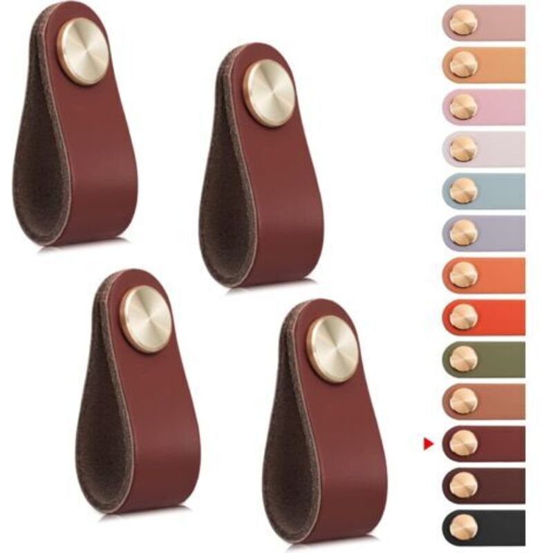 2er-set Schrankgriffe Aus Leder Und Messing, Bordeaux, Länge 65 Mm, Schubladengriffe Mit Schrauben, Geeignet Für Schränke