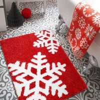Roter Und Weißer Badteppich Mit Schneeflocken, 40 Cm X 60 Cm, Rutschfest, Maschinenwaschbar, Weich Und Saugfähig, Winterliches Und Festliches Muster, 40 X 60 Cm