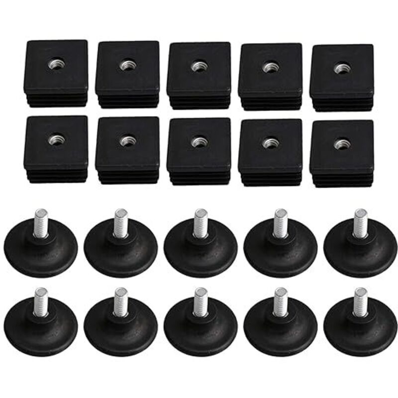 Schwarze Kunststoff-möbelfüße Mit M8-gewinde, 40 Mm X 40 Mm, Blindstopfen Mit Verstellbaren Schraubfüßen Für Quadratische Rohre, 10er-pack