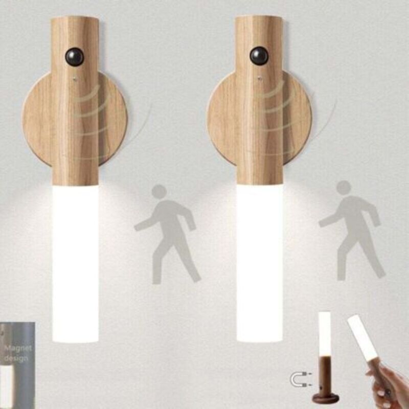 2er-set Led-treppenlicht Mit Bewegungsmelder, Batteriebetrieben, Für Den Innenbereich, Holz-nachtlicht, Usb-wiederaufladbar, Tragbar, Kabellos, Magnetisch, Schrank- Und Wandbeleuchtung