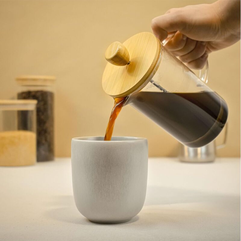 Französische Presskaffeemaschine, French Press, Kolbenkaffeemaschine, Französische Glaskanne Für Filterkaffee, 3 Tassen, Edelstahl, Bambus, Glas, Holz, 0,35 L [energieklasse A+]