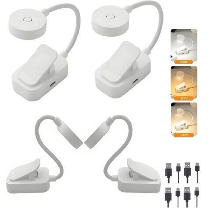4er-set Mini Led-leselampe, Wiederaufladbare Klemmleuchte Für Bücher, Augenschutz, Stufenlose Dimmung & 3 Farbtemperaturen, 360° Flexibler Schwanenhals, Tragbar Zum Lesen - Weiß [energieeffizienzklass