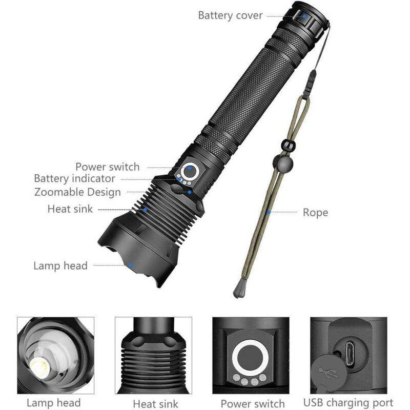 Ultra-starke Led-taschenlampe, 90000 Lumen, Wiederaufladbar, Xhp70, Dimmbar, Zoombar, Wasserdicht, Usb (batterie Enthalten) Npterbl