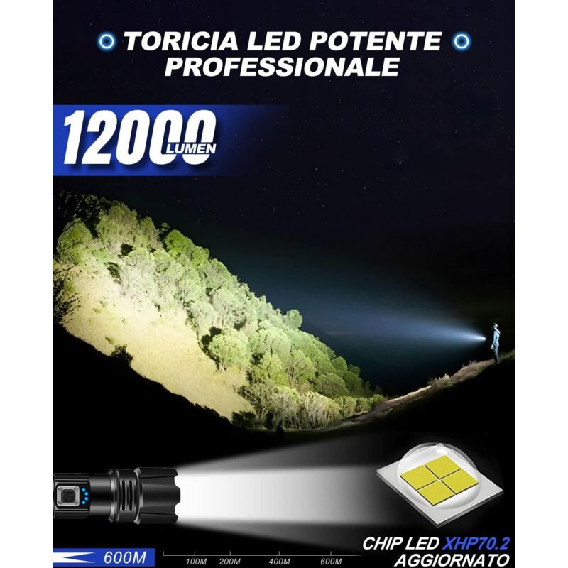 Extrem Helle Led-taschenlampe, 10000 Lumen, Wiederaufladbar, Wasserdicht Ip67, Taktische P70-taschenlampe Mit 5 Modi, Zoombar, Für Camping, Wandern Und Notfälle (batterie Enthalten) [energieeffizienzk