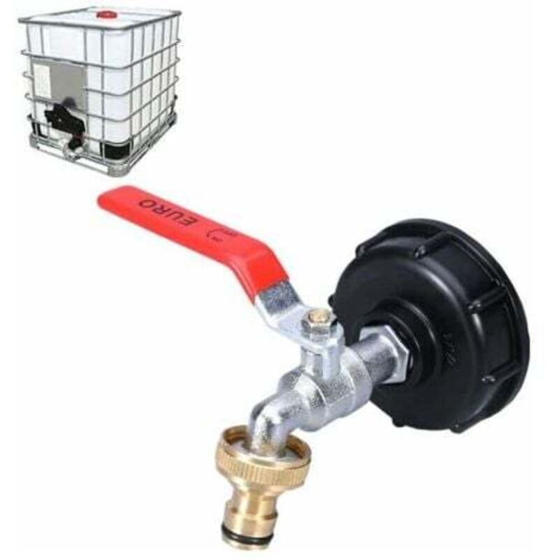 Hahn Für Ibc-container 1000l, Doppelhahn Aus Messing Mit Ibc-wassertank-adapter 1/2", Großgewinde 60 Mm (1/2).