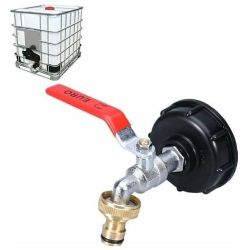 Ibc-1000l-tankhahn Mit Adapter, Doppelhahn Zur Regenwassersammlung, Aus Messing Gefertigt, Mit 60 Mm (3/4") Grobgewinde.